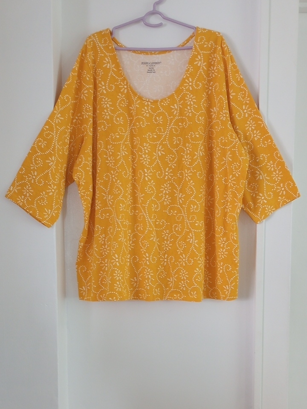 Jessica London Cotton Mustard Yellow Scoop-Neck Top White Floral Dots Size 30-32